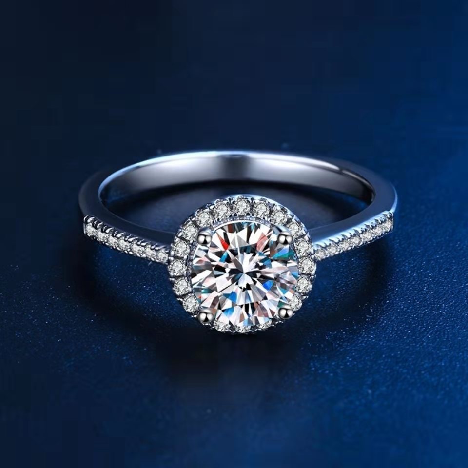 直播新品一克拉气质时尚正圆形仿莫桑石开口戒指女镶