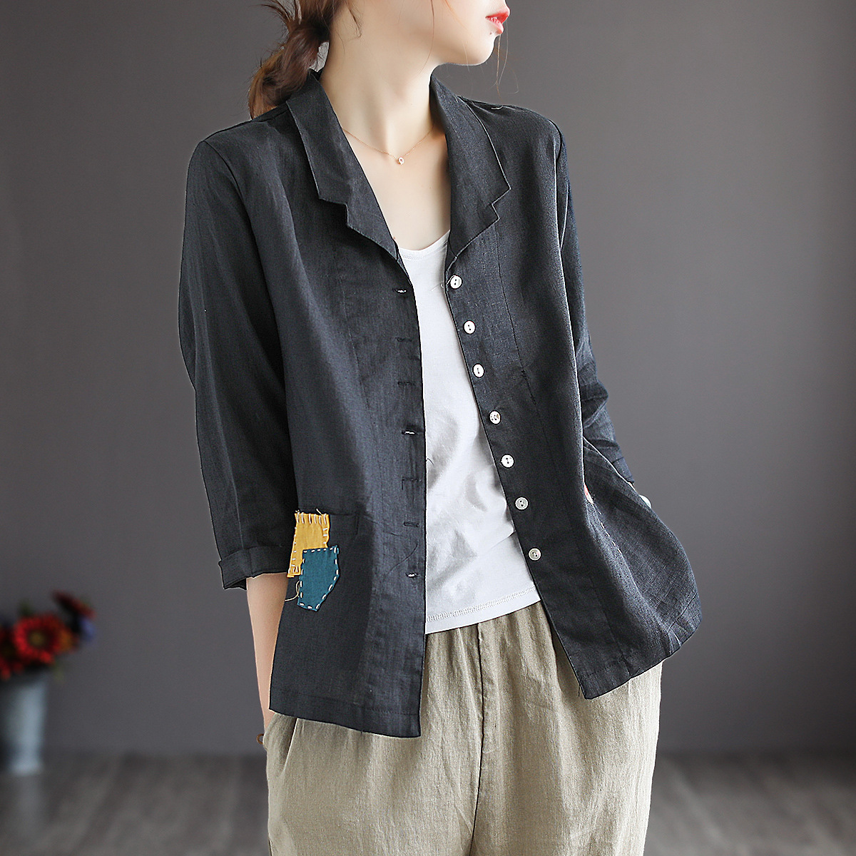 古咖服饰文艺复古亚麻纯色七分袖短外套女式秋季新款宽松贴布上衣