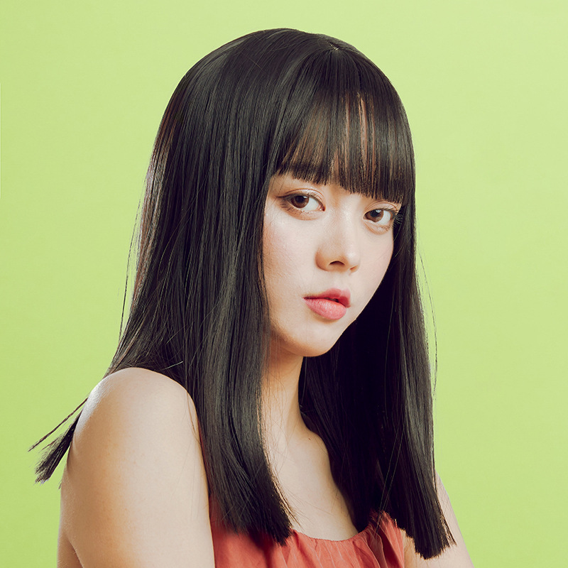 漫画刘海假发女长发一刀切网红锁骨发全头套中长发黑长直圆脸短发