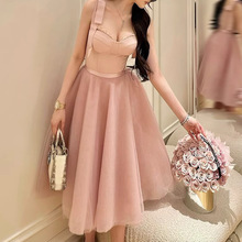 粉色优雅公主裙套装蝴蝶结吊带背心网纱蓬蓬半裙两件套2024新款