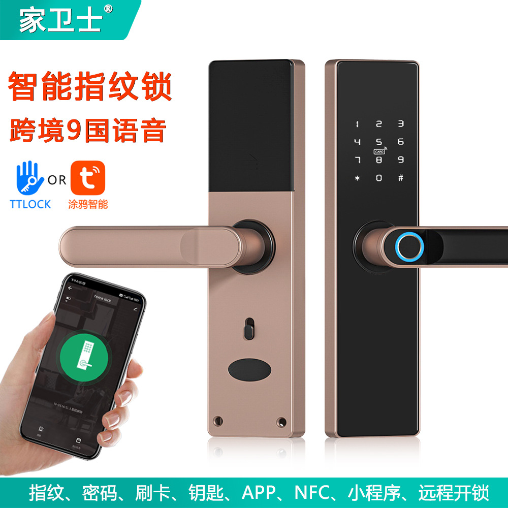 跨境八国语言室内门涂鸦WIFI智能指纹锁密码IC卡钥匙解锁WIFI锁