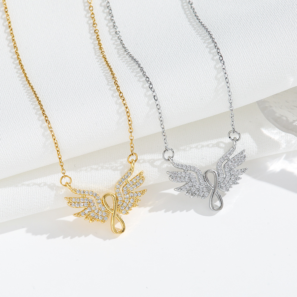 跨境新款天使翅膀微镶锆石吊坠数字8钛钢项链女波西米亚风锁骨链