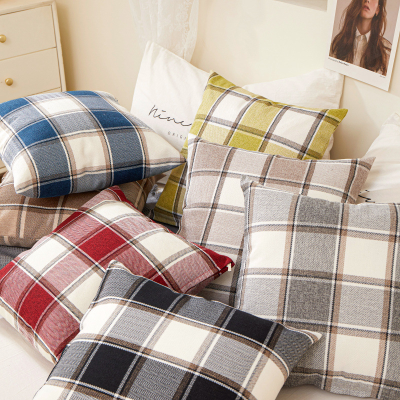 Polyester Linen Square Plaid Pillow Cover Modern Minimalist Cross-Border Home Sofa Study Seat Bedroom Bedside Cushion