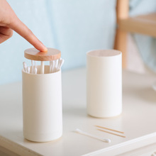 创意自动按压式棉签筒家用日式木盖棉棒收纳盒两用餐厅牙线牙签盒