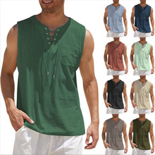 2024跨境亚马逊热卖新品男士背心衬衫系带时尚纯色棉麻短袖T恤
