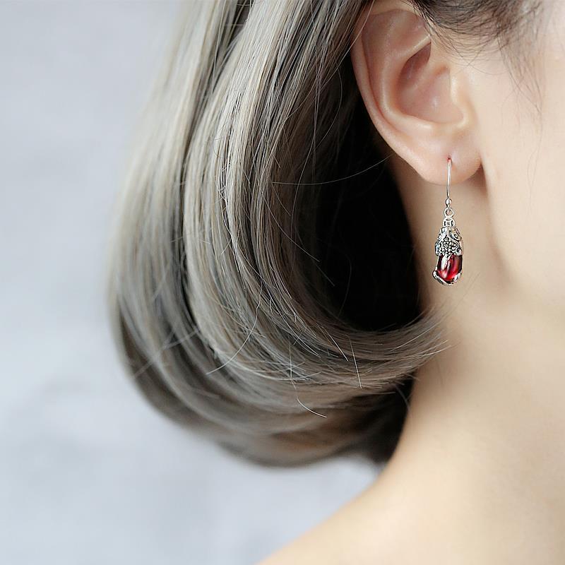 镀白金色貔貅耳环女嵌仿水晶玉髓石榴石银镶玉复古气质耳钉耳饰品
