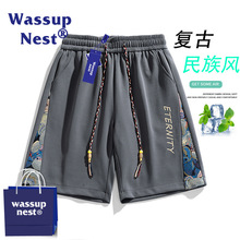 WASSUP联名民族风小熊刺绣美式短裤男夏季薄宽松运动休闲五分裤子