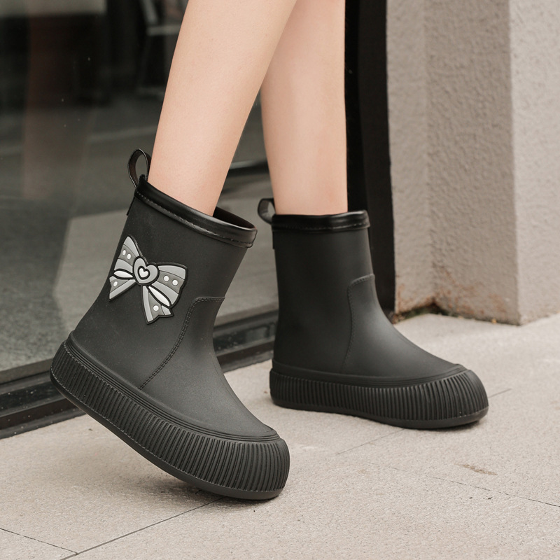 蝴蝶结雨靴女外穿中筒防滑防水雨鞋时尚百搭轻便水鞋厚底户外胶鞋