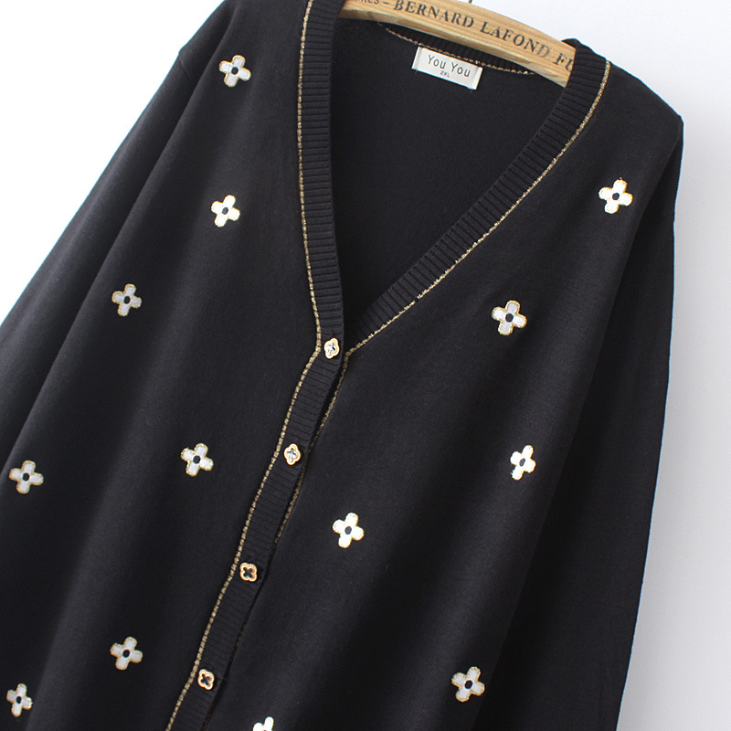 大码女装胖女孩显瘦减龄绣花针织外套秋季百搭休闲毛衣开衫421087