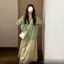 新中式国风绿色短袖衬衫外套女装2024夏季新款爆款设计感小众上衣