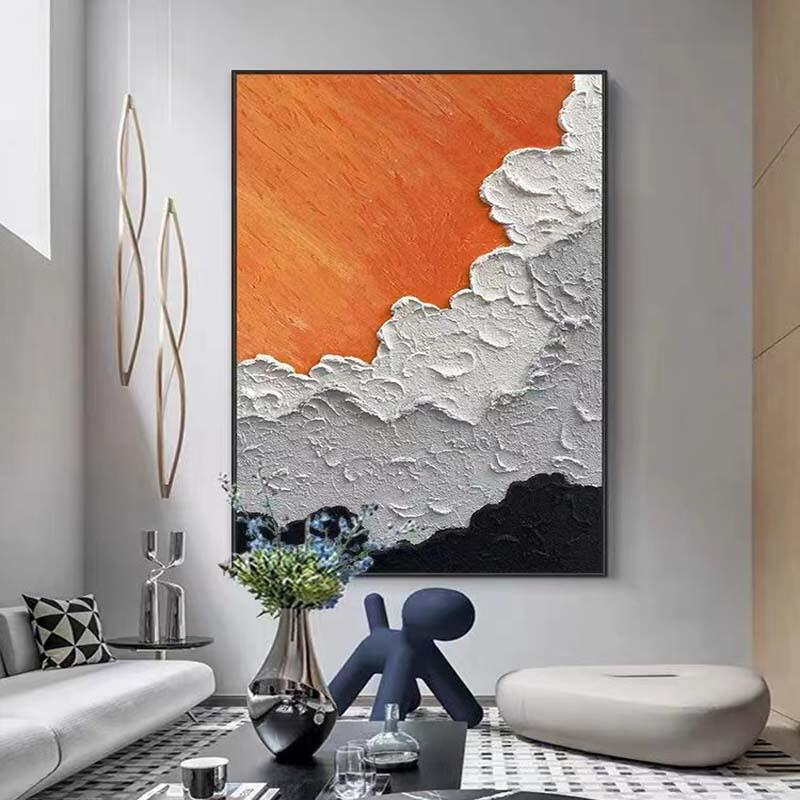 客厅橙色沙发手绘立体肌理油画酒店肌理简约装饰画玄关样板间挂画