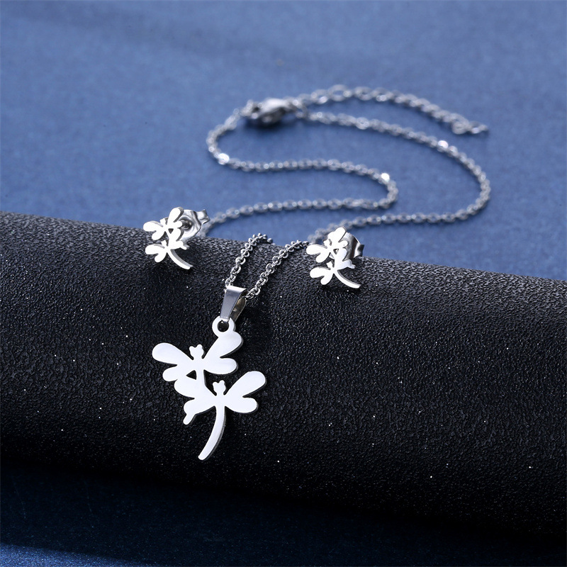 Fashion Jewelry New Stainless Steel Dragonfly Earings Set Ornament Necklace Women's Cross-Border South America Two-Piece Set Accessories