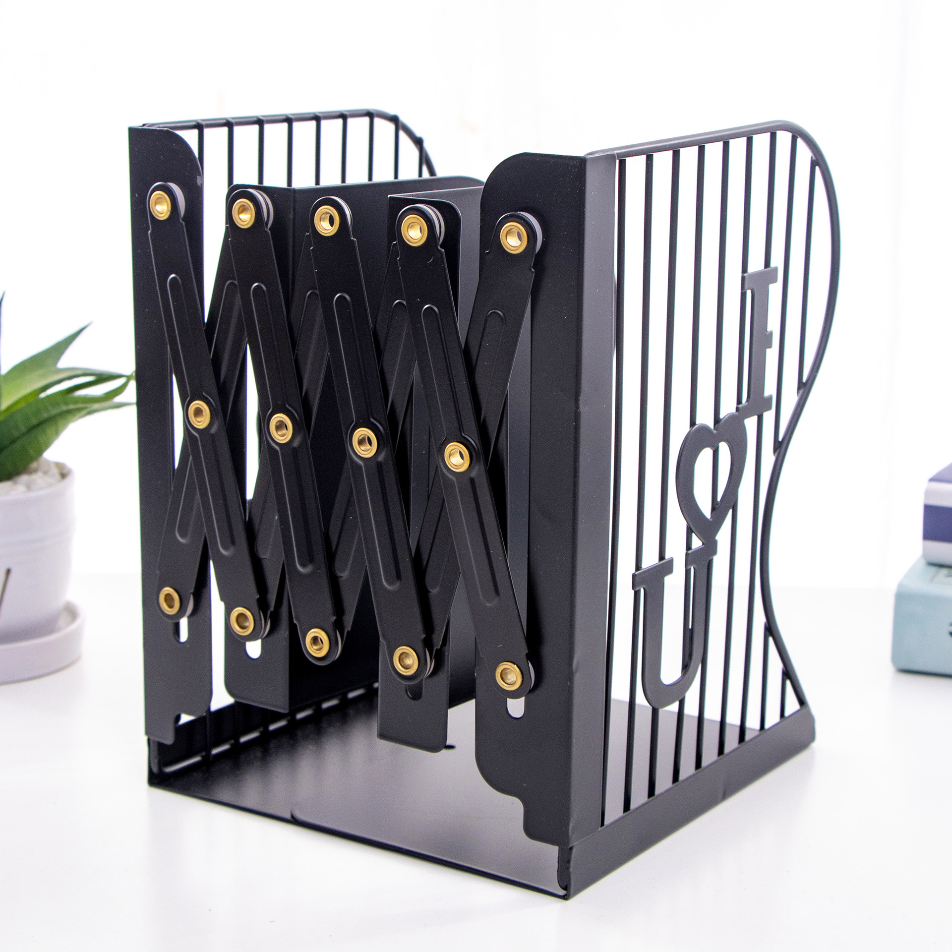 铭强工厂 三格可调拉伸可调书立架金属 学生桌面书籍收纳办公用品-阿