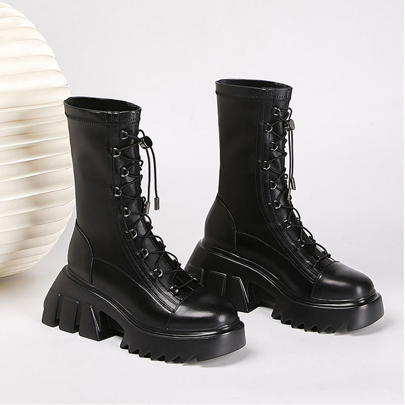 厚底马丁靴2024春秋冬新款中筒弹力靴黑色瘦瘦靴加绒增高切尔西靴