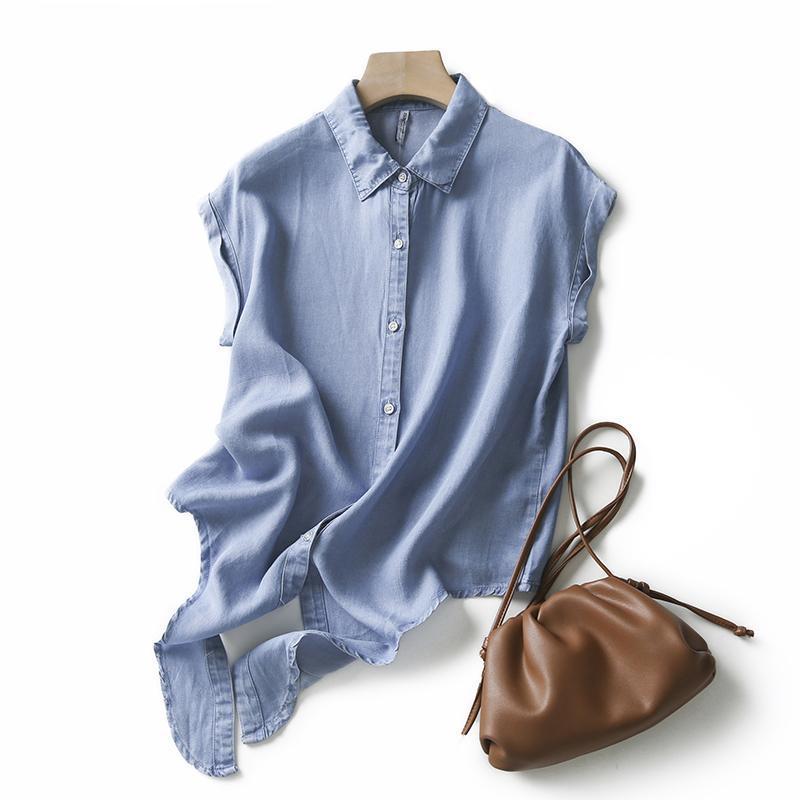 柔软垂感下摆打结天丝牛仔衬衣女无袖夏季百搭显瘦休闲短款衬