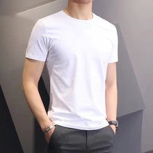 夏季男士纯色白色短袖t恤加肥大码韩版修身潮流帅气圆领半袖体恤