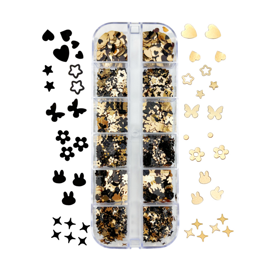 12 Grid Boxed Black Gold Butterfly Love Star Nail Sequins Beauty False Eyelashes Epoxy DIY Decorative Sequins