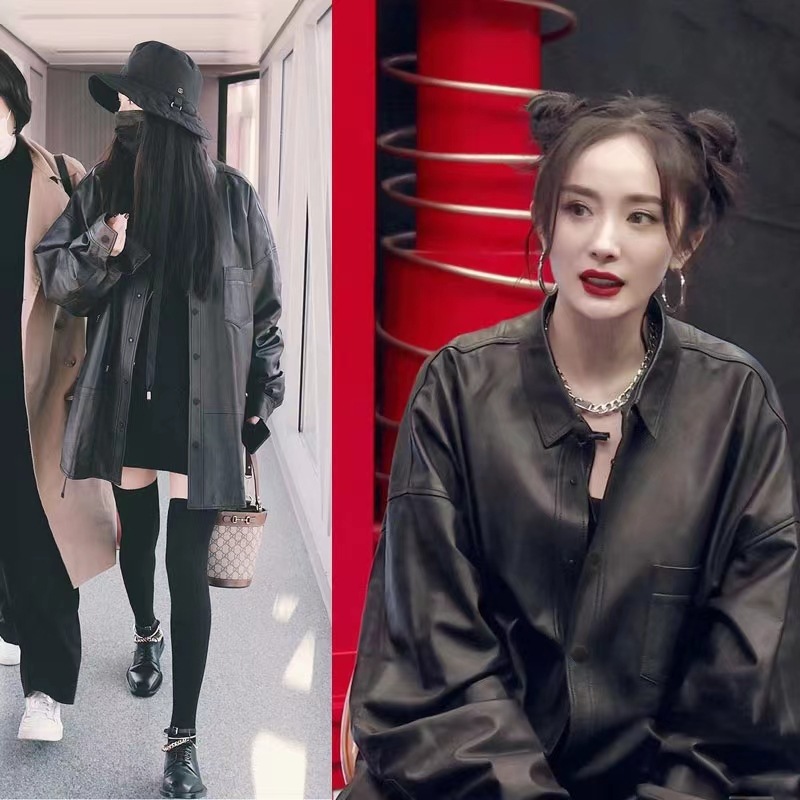 花儿与少年杨幂明星同款黑色中长款绵羊皮衣外套女宽松港风衬衫