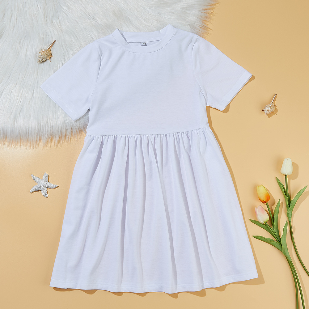 Sublimation Pleated Dress 190G Imitation Cotton Pull Frame Mid Skirt round Neck Short Sleeve Skirt Loose Mid Waist White Dress