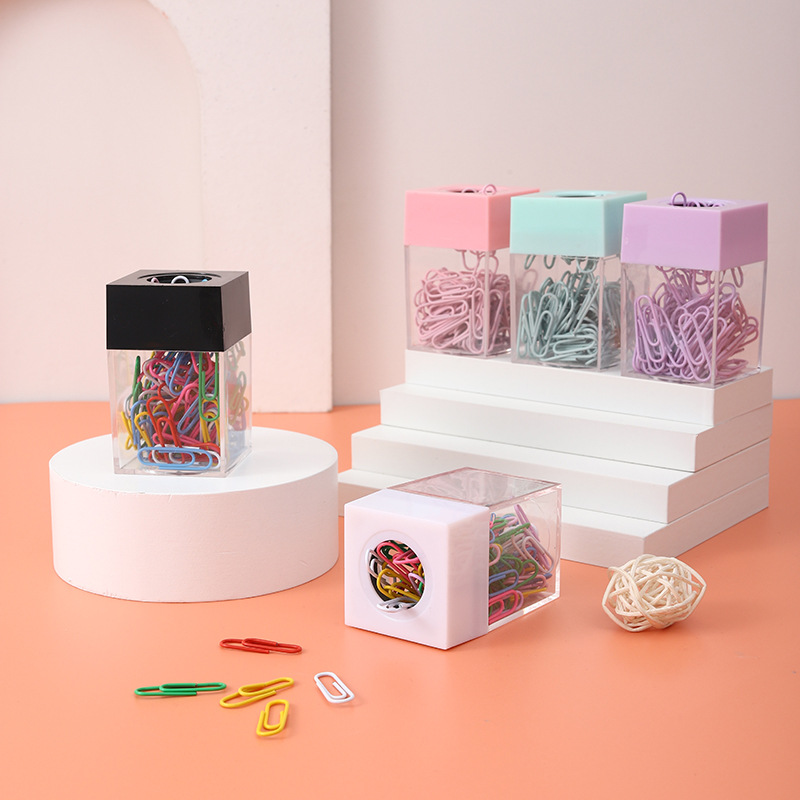 Macaron Color Square Magnetic Clip Storage Bucket Creative Transparent Paper Clip Barrel Color Plastic Paper Clip Barrel