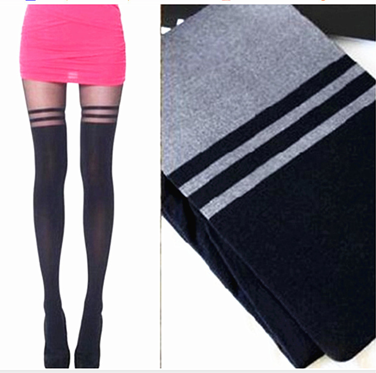 爱心连裤袜子拼接透肉假大腿假高筒双横条纹丝袜连裤袜春秋款