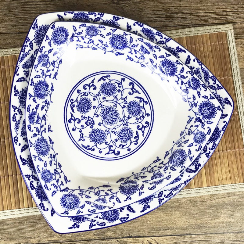 酒店用青花陶瓷盘子三角形菜盘小吃碟点心盘餐盘异形大碟子批发
