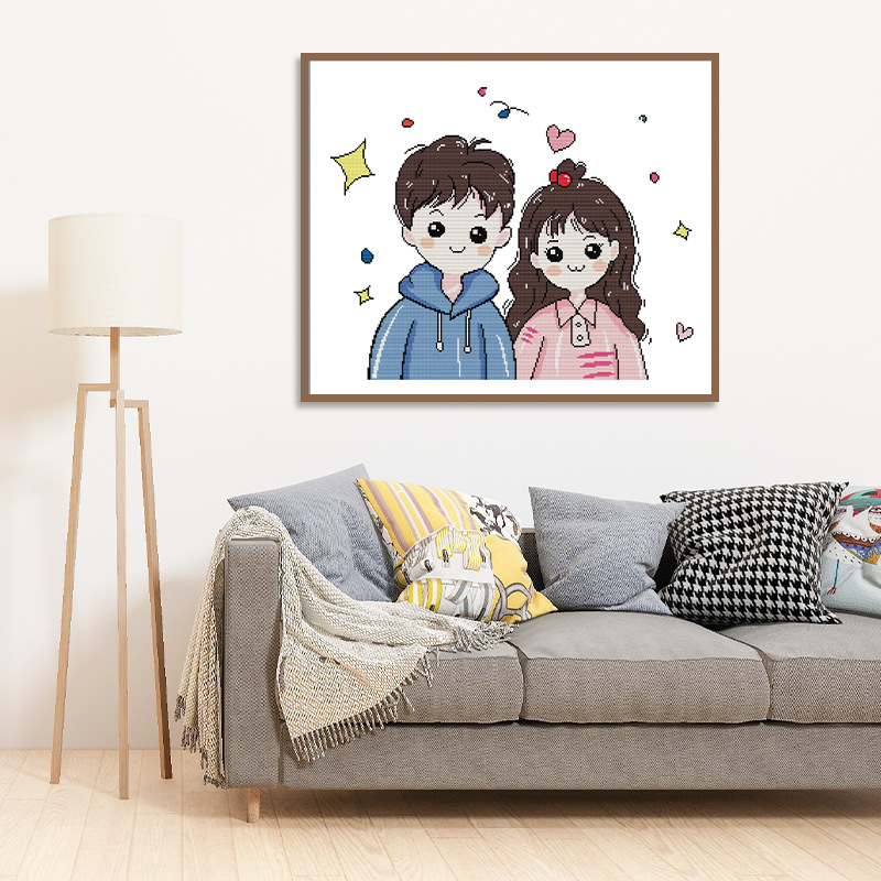 厂家批发十字绣卡通动漫小情侣自绣刺绣材料包卧室装饰画一件代发