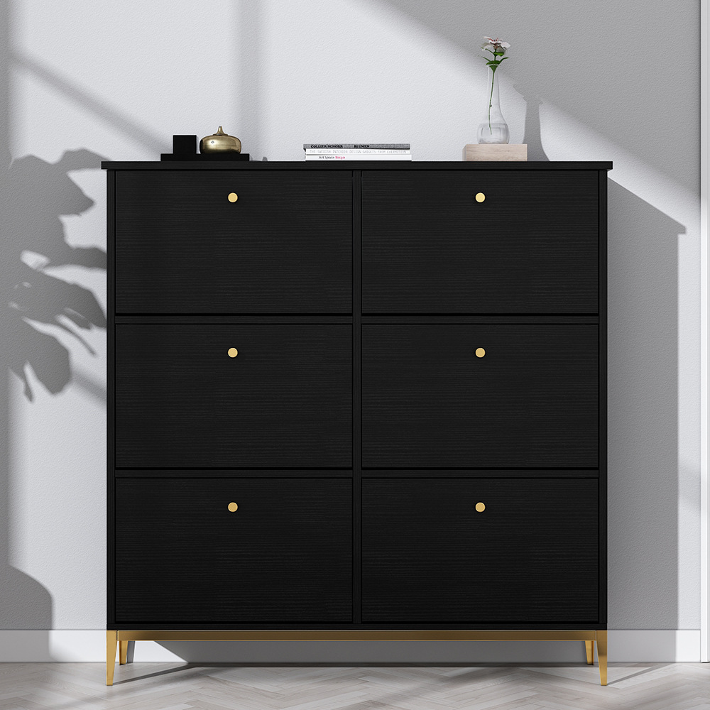 黑色鞋柜轻奢简约现代家用门口翻斗式北欧实木小户型超薄鞋柜17cm