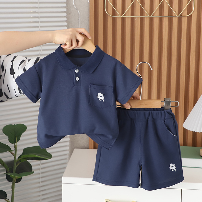 2024 Baby Boy Summer Clothes Suit New Western Style Girls Summer Handsome Short Sleeve Solid Color Polo Children Short Oversleeves