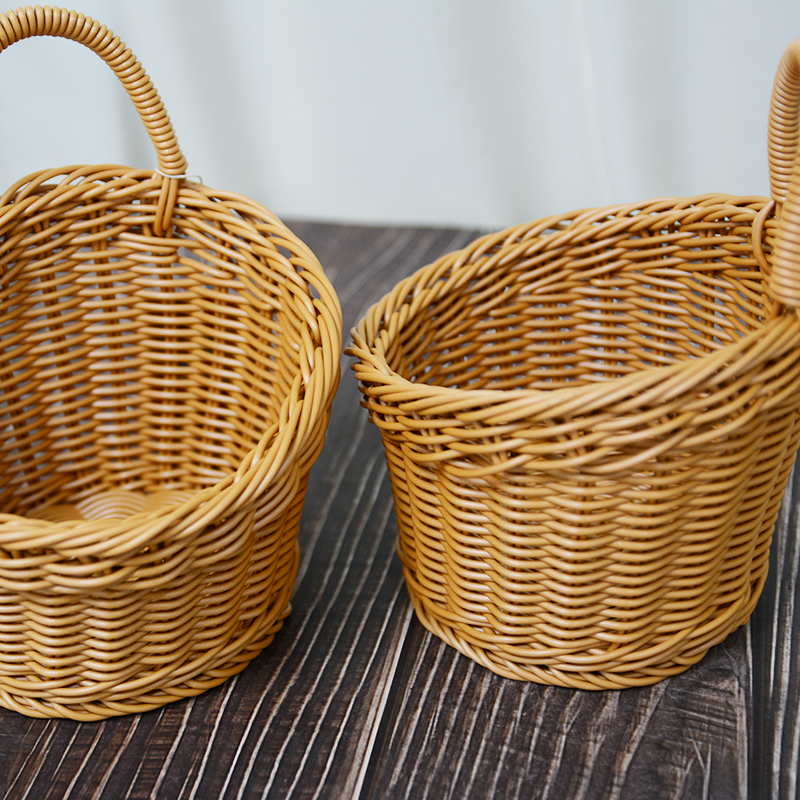 mnx2w018两个挂壁田园仿藤编织茶色圆形收纳筐收纳篮纯手工16*9*1