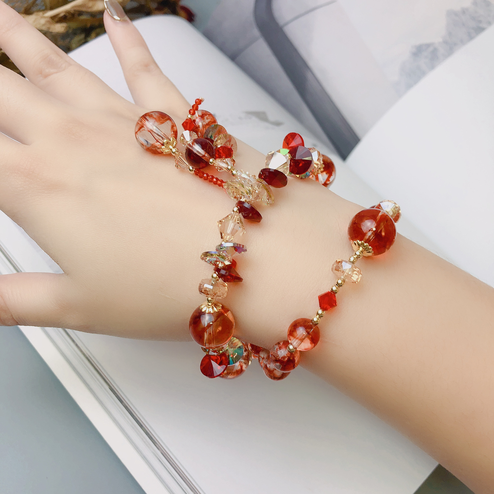 茶晶凤羽幽灵金发晶手链两圈奥地利水晶手串手工串珠饰品配饰首饰