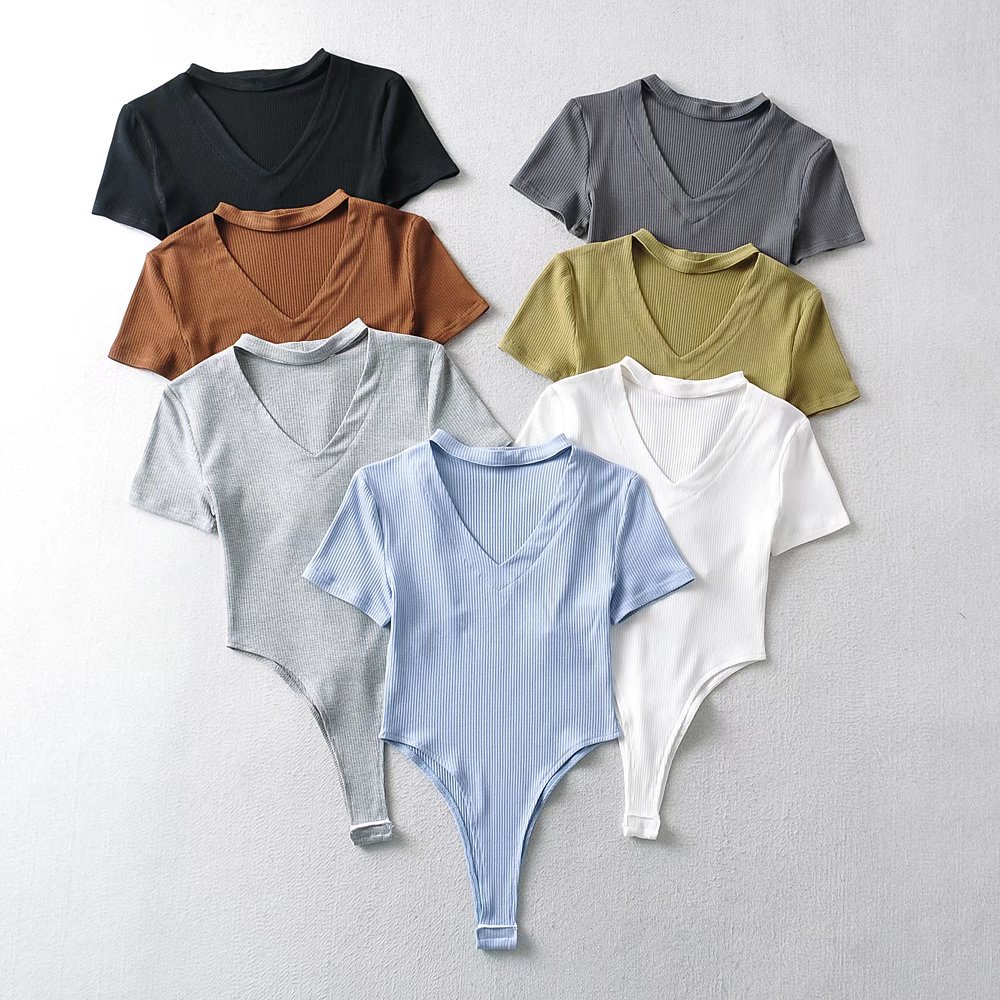 深v领紧身连体裤欧美风春季女装新款镂空套脖开档连体衣