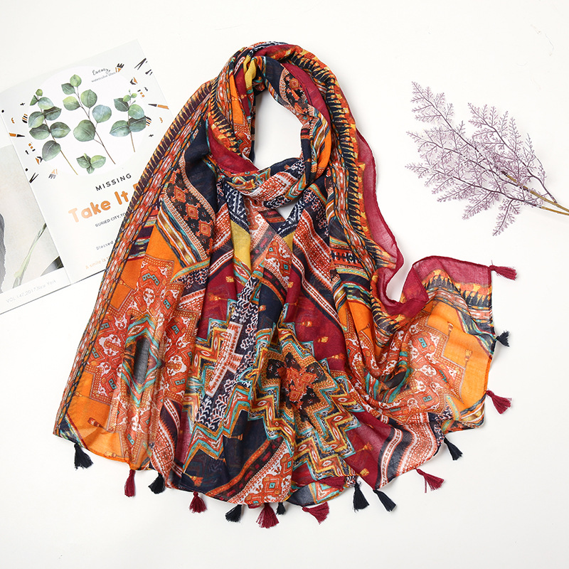 cross-border live hot selling cotton and linen scarf retro patchwork bohemian printed cashew scarf fresh shawl