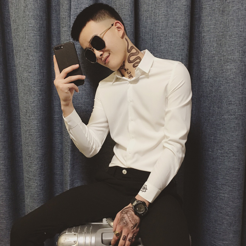 很仙的衬衫男痞帅长袖发型师潮衬衣社会人网红白寸衫休闲打底上衣