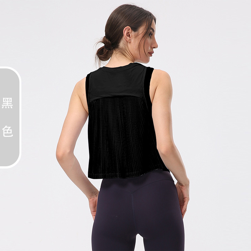 Yoga Blouse Women's Loose Quick-Drying Summer Thin Pleated Wrinkle Workout Clothes Tops Outerwear Sleeveless Sports Vest