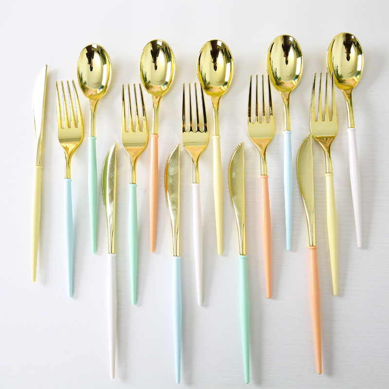 Plastic Gold-Plated Knife， Fork and Spoon Disposable Multi-Color Children‘s Birthday Party Dress up Arrangement Tableware Fruit Fork Spoon