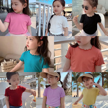 女童休闲冰丝短袖T恤夏季新款韩版儿童木耳边上衣女宝宝百搭半袖