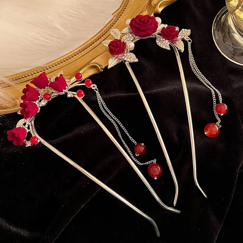 复古植绒玫瑰花流苏u型发簪女新中式盘发簪子新娘敬酒服发钗头饰