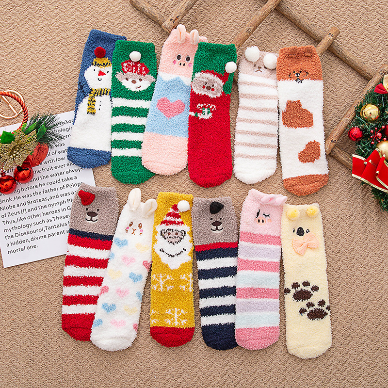 SocksChristmas Stockings Children Autumn and Winter Thick Warm Coral Cashmere Socks Christmas Gift Box Mid-Calf Cartoon Elk Red Room Socks