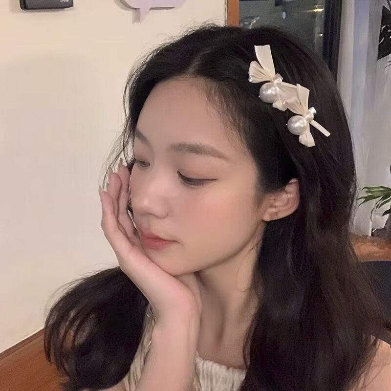 一对装~洋气碎发夹法式复古珍珠蝴蝶结鸭嘴夹气质甜美森系刘海夹