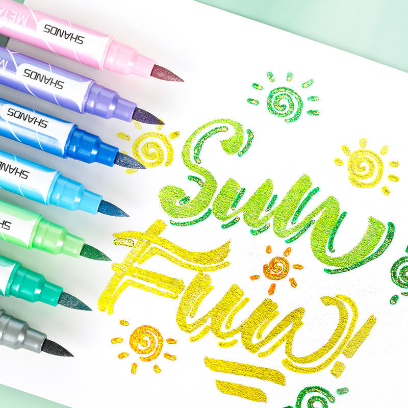 荧光笔班米双头秀丽笔金属色绘画珠光色金色brush英文花体彩笔