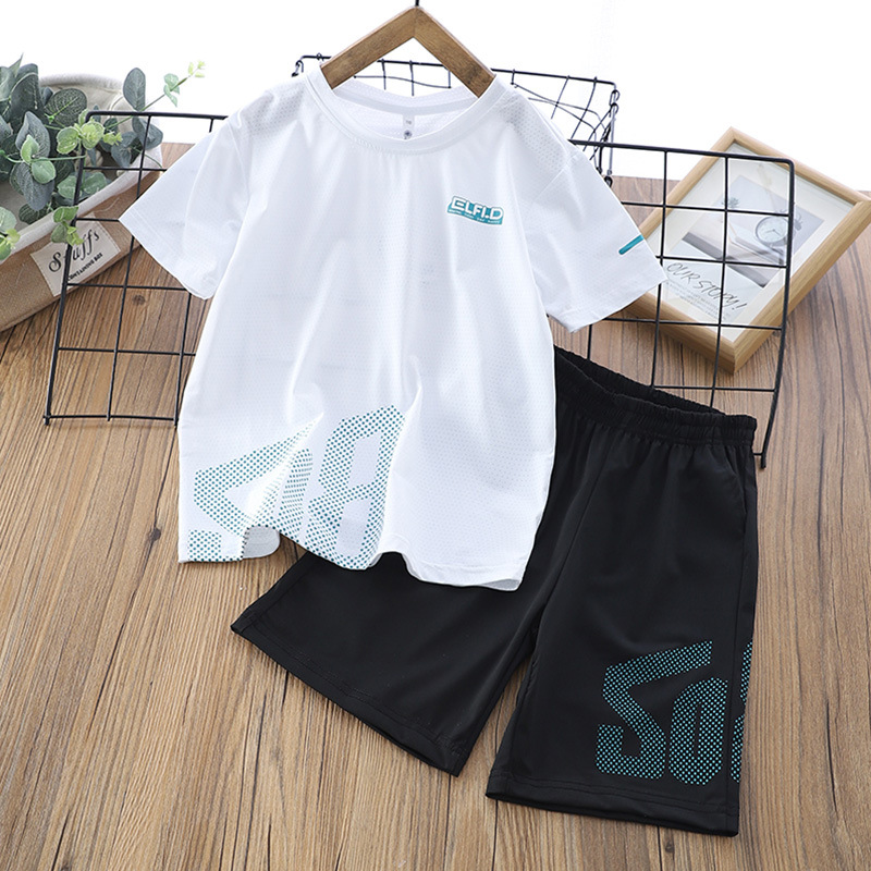 Children's Quick Drying Clothes Suit 2024 Summer New Ice Silk Short Sleeve Shorts Two-Piece Medium and Big Children's Thin Casual Wear