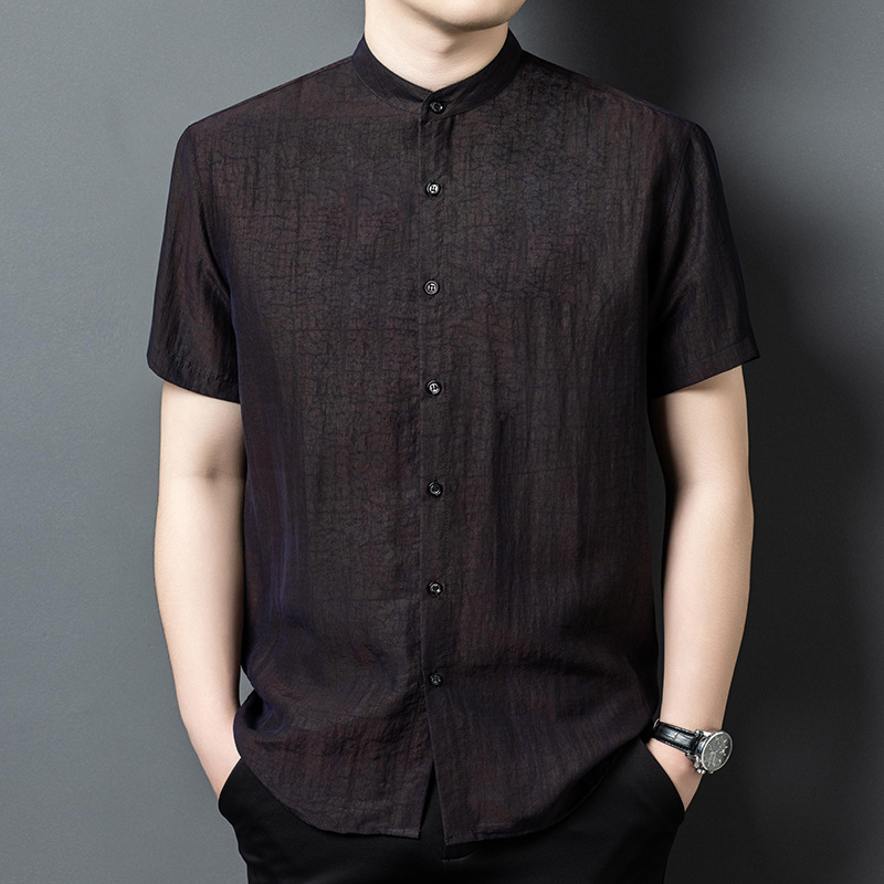 龟裂纹香云纱套装男士短袖衬衫真丝绸缎衬衣宽松中式莨绸爸爸唐装