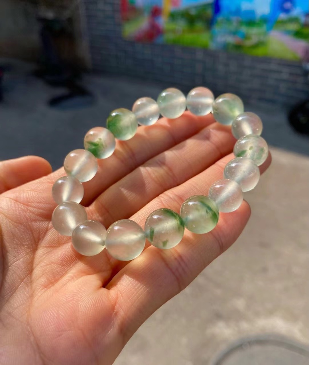 天然缅甸玉石a货 翡翠珠珠手串 玻璃种飘绿花珠链 翡翠阳绿手链