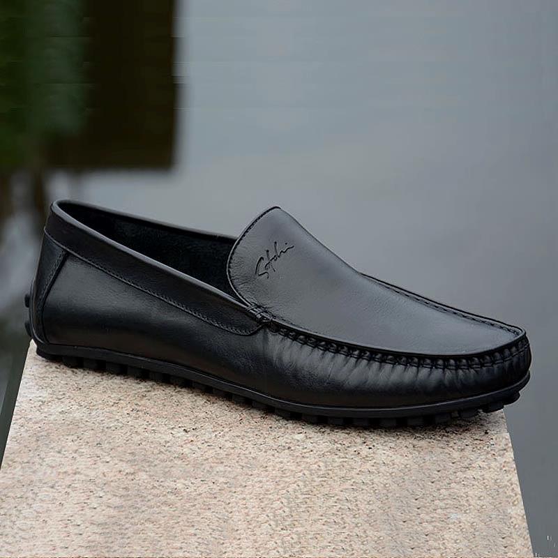 沙驰男鞋新款头层软牛皮套脚豆豆鞋防滑透气驾车日常男士休闲皮鞋