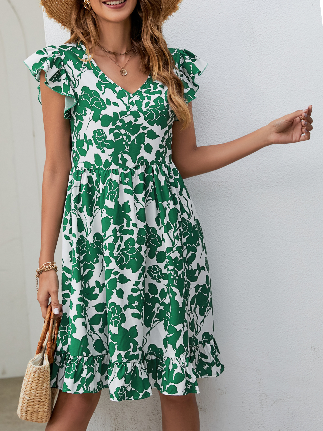 woman clothes 2024 Amazon Summer New Popular Leaf Printed Dress V-neck Ruffled Sleeve Leisure Holiday Dress Dress