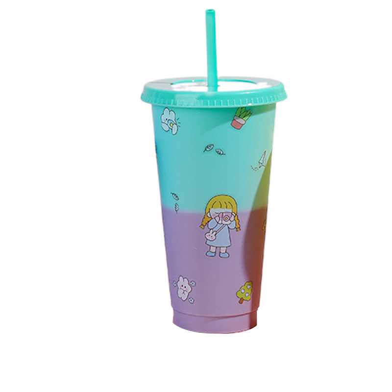 Summer Simplicity Cartoon Cute Color Changing Children's Water Cup Student Good-looking Stickers Plastic Portable out Cup with Straw