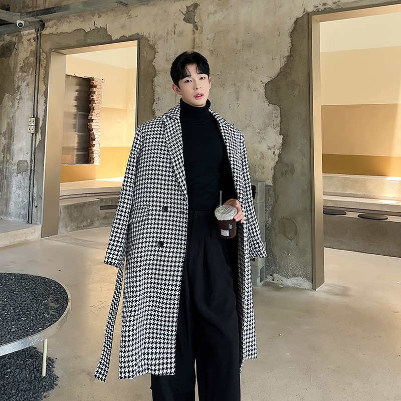 韩剧霸道总裁男主风千鸟格子纹过膝中长款毛呢风衣男呢子大衣外套
