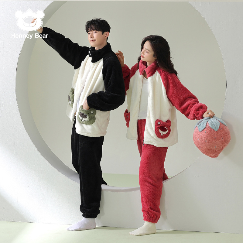 【轩尼小熊联名】秋冬季贵妃绒情侣睡衣女冬珊瑚绒保暖加厚家居服