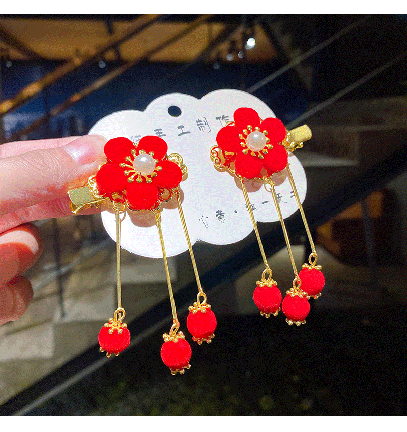 儿童新年红色唐装头饰女童超仙中国古风发饰宝宝蝴蝶流苏汉服发夹